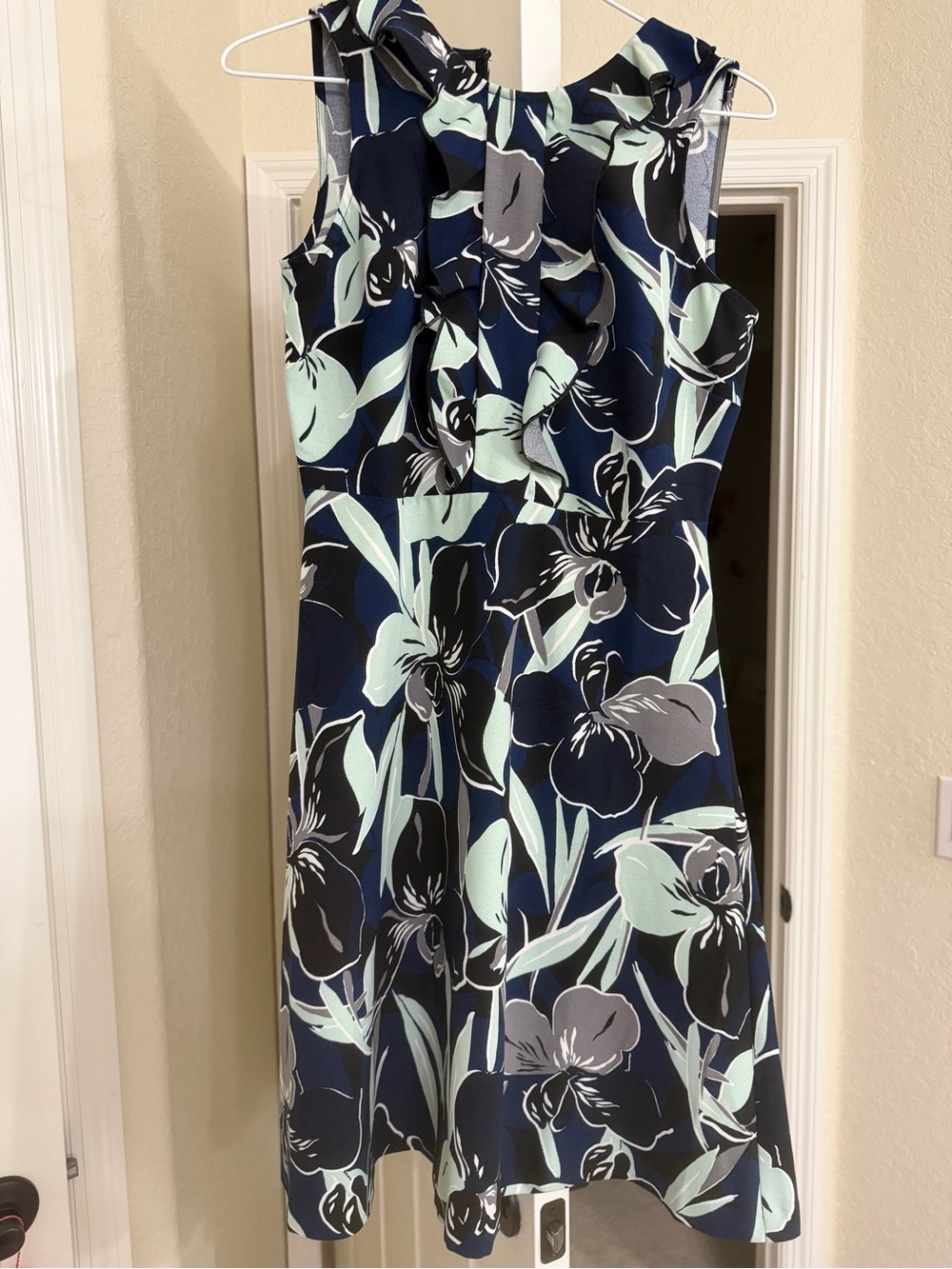 Ann Taylor Navy Floral Ruffle Midi Dress with Mint and Gray Accents